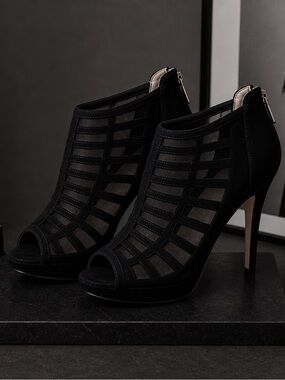 Black Mesh Cutout Peep-Toe High Heels